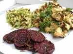 Gluten free_Roasted Cauliflower with Chickpeas_Brussel sprout slaw_Roasted Beet chips_Paleo_Cauli brussels and beets oh my_cow crumbs_the main event