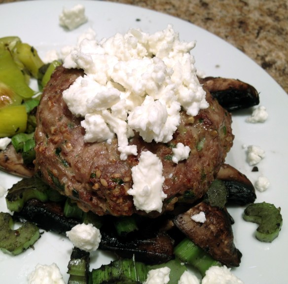 cow crumbs, gluten free, dairy free, paleo, healthy dinner, stuffed mushrooms, turkey burgers, roasted leeks, portobello mushrooms, feta