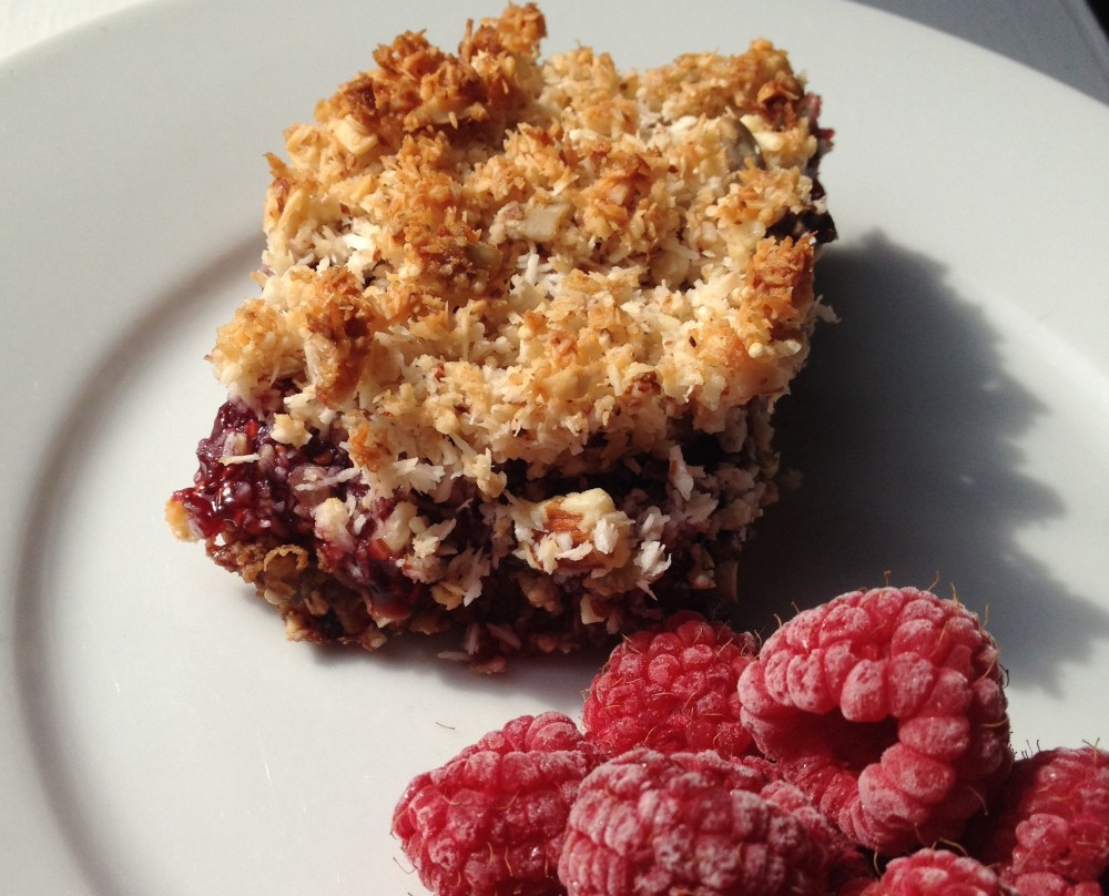 cow crumbs, gluten free, dairy free, dessert, raspberry, coconut, almond, bars