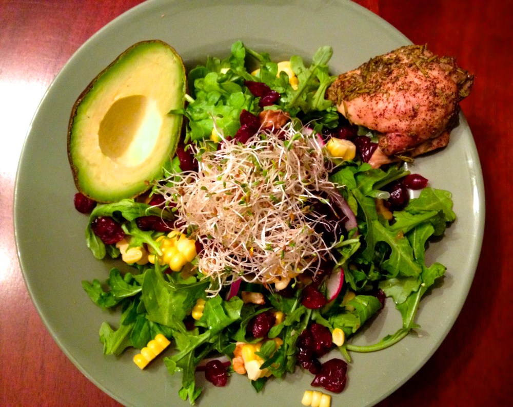 cow crumbs, gluten free, dairy free, paleo, fall harvest salad, cranberries, corn, chicken thighs, thanksgiving salad, holiday healthy meals