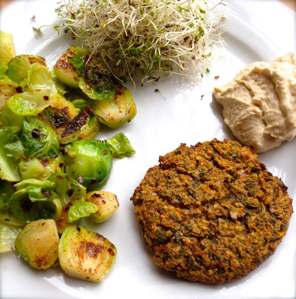 cow crumbs, gluten free, dairy free, chickpeas, vegan, falafel burger, brussel sprouts