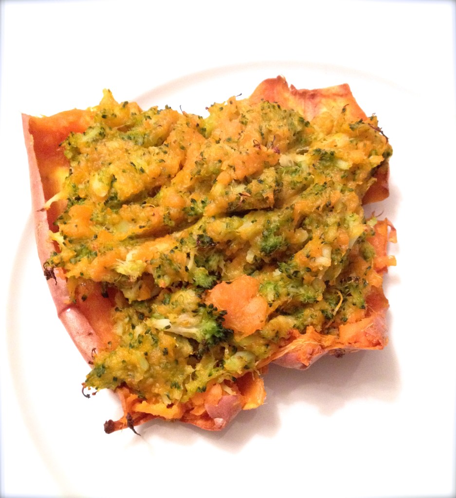 cow crumbs, gluten free, paleo, goat butter, sweet potatoes, twice baked potatoes, broccoli, healthy sides