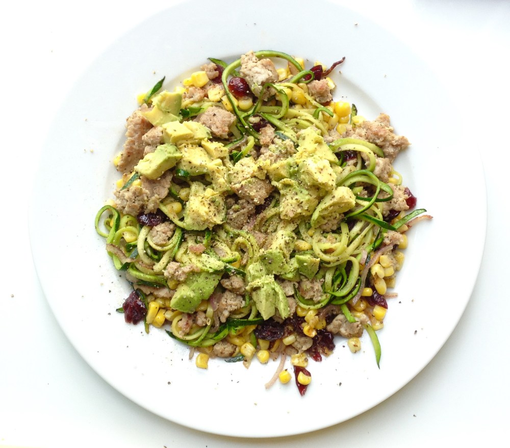 cow crumbs, gluten free, dairy free, zucchini noodles, corn, avocado, cranberries, zucchini pasta, turkey sausage, paleo pasta