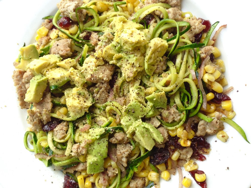 2015-06-04 18.11.08 (1)cow crumbs, gluten free, dairy free, zucchini noodles, corn, avocado, cranberries, zucchini pasta, turkey sausage, paleo pasta