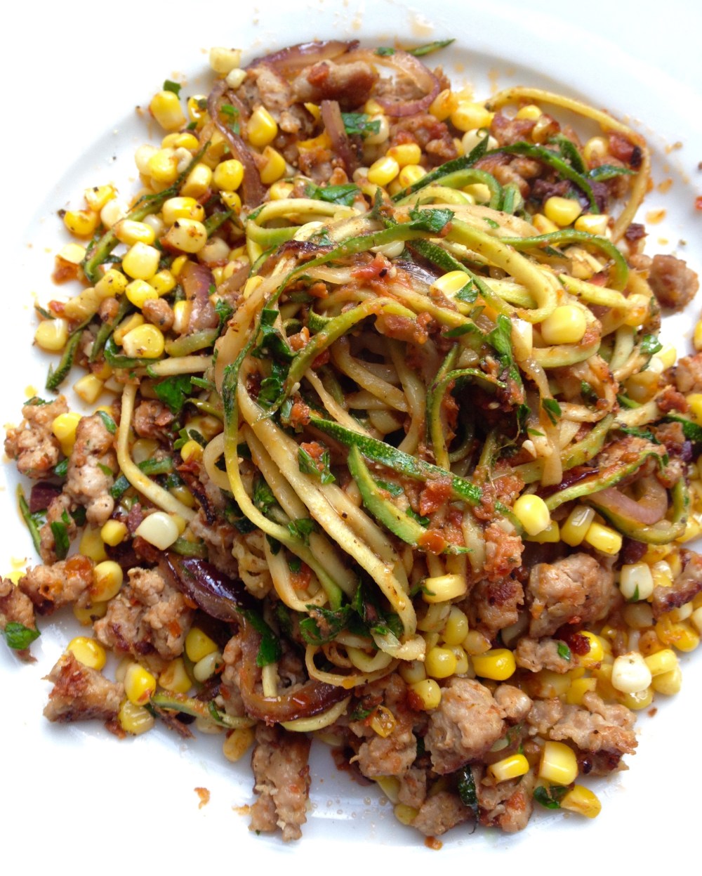 cow crumbs, gluten free, dairy free, paleo, zucchini noodles, sun-dried tomato, sunflower kitchen, pesto, corn