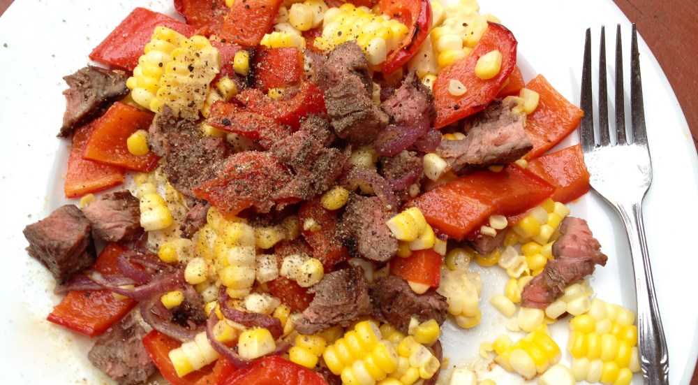 cow crumbs, gluten free, dairy free, paleo, steak, roasted red pepper, corn