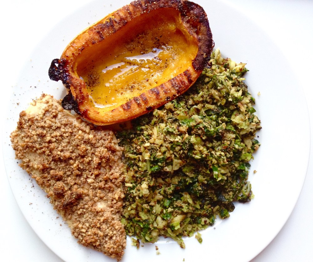 cow crumbs, fall harvest, gluten free, dairy free, paleo, healthy, delicious, squash, pecan chicken, brussel sprout slaw, clean eating